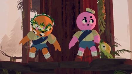 Peak screenshot of pink and orange characters on a massive tree