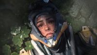 Screenshot of Anthem machine pilot lying on the leafy ground with visor open