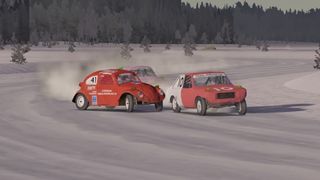 My Winter Car screenshot of two red cars racing in snow