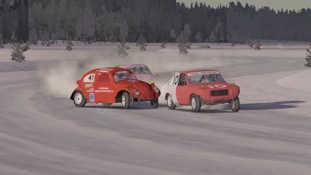 My Winter Car screenshot of two red cars racing in snow