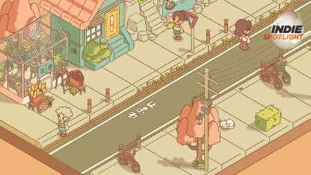 Minami Lane screenshot of a street where people walk past a flower shop and houses and a cat is curled up near a tree and a bicycle - the Indie Spotlight logo is in the top right corner of the image