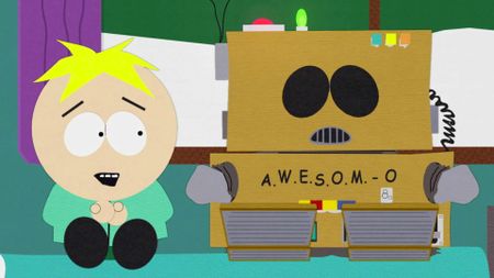 Butters and Eric dressed as a robot during the South Park episode 'AWESOM-O' (season 8, episode 5). 