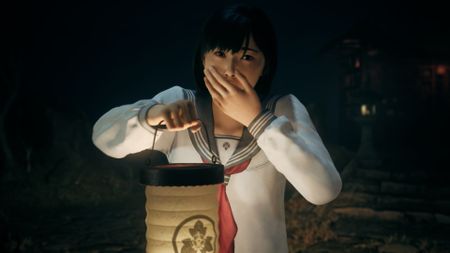 Silent Hill f screenshot of Hinako covering her mouth in shock and fear, holding a lantern