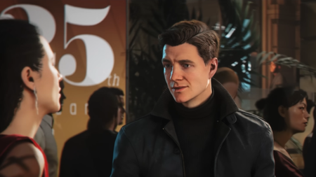 James Bond in an all-black get-up talking to a lady who's just off-screen while at a fancy event in 007: First Light