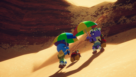 Peak screenshot showing two characters holding umbrellas in the desert